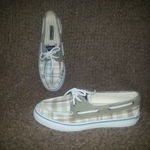 SPERRY TOP SIDER-Beige & Teal Plaid Boat Shoe-Cotton/Canvas-7.5M-Near Mint